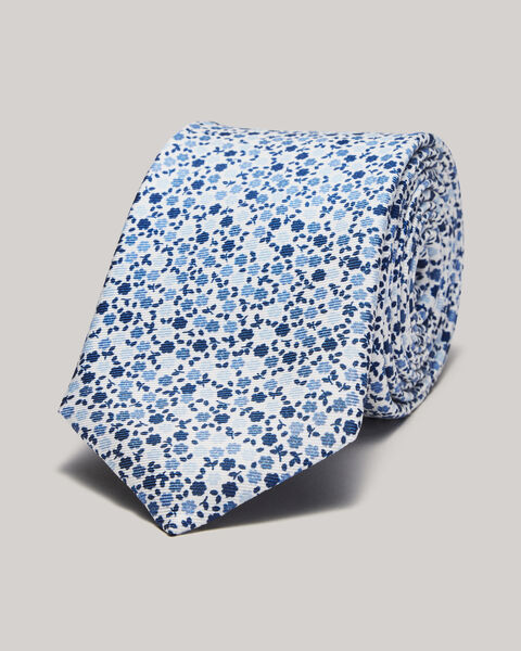 Floral Printed Silk Tie, Navy, hi-res